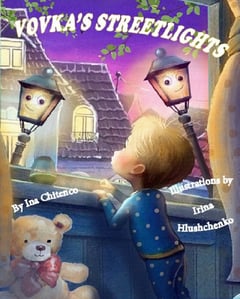 Vovka's Streetlights book cover showing a boy in pajamas, a teddy bear, and two smiling streetlights