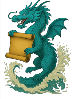 sea dragon holding heraldic parchment