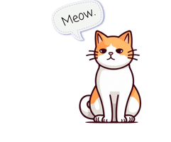 The Julia's Pet Pal cat with a resting expression sitting down with a speech bubble that says 'Meow."