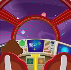Creative monkey on a spaceship travelling to earth.