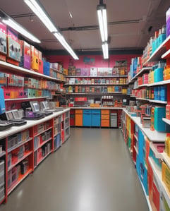 A well-organized gift shop with wooden shelves displaying a variety of products such as hats, bags, souvenirs, and other items. The shop features bright lighting and decorative plants on top of the shelves. The layout is neat, with sections for specific types of merchandise.