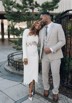 a bride and groom standing next to each other