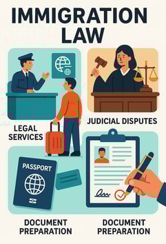 Illustration of immigration law services. At the top, the title reads 'Immigration Law.' Four servic