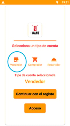 Representación gráfica de la aplicación de IWant para el registro de un vendedor o tienda