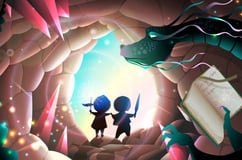 a couple of people standing in front of a dragon in a cave