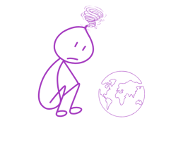 Sad stick figure with tornado like hair, sitting and look down at earth