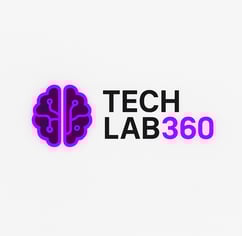 Logo do TechLab360º com ícone de cérebro roxo com circuitos, representando IA e inovação digital
