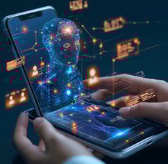 a person holding a cell phone with a futuristic interface