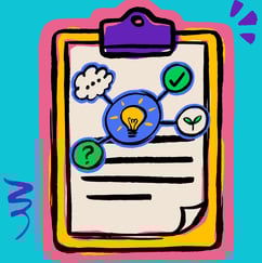 A clip board with a lightbulb, thought bubble, check mark, sprout, and question mark