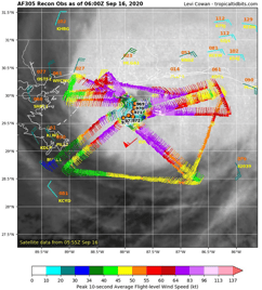 Sample in storm data from hurricane hunter aircraft flying though a hurricane in September 2020