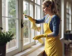 A person wearing protective clothing, a face mask, and gloves is cleaning a white cushioned furniture piece using a vacuum cleaner. The setting appears to be indoors with bright natural light streaming in through large windows. A green potted plant is placed next to a white sofa, adding a touch of nature to the clean and tidy environment.