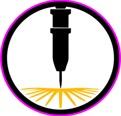 a black and white picture of a drillet with a yellow and pink light gravure laser