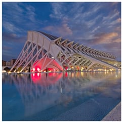 Science building exterior at night, City of Arts and Sciences, Valencia, photograph by Philip Preston.