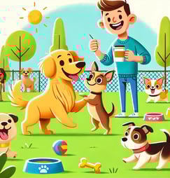 a man is playing with his dog in the park