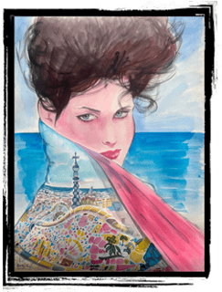 watercolor of a woman with a gaudi dress