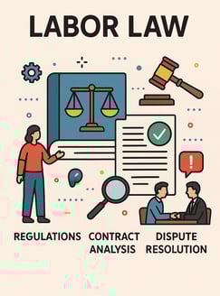 Illustration of labor law services. At the top, the title reads 'Labor Law.' In the center are icons