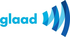 a blue and white logo with the letters, 'glaad '