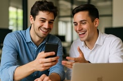 dos hombres celebrando el éxito de su emprendimiento, checando cómo suben las ventas de su negocio.
