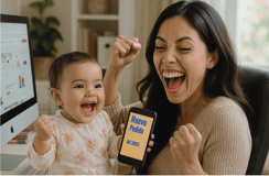Mujer trabajando desde casa con su bebé en su regazo, celebrando la llegada de un nuevo pedido para su negocio.