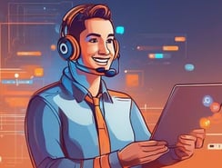 a man in a headset with a headset and a laptop