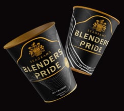 "Seagram's Blenders Pride whiskey cups—sleek black and gold packaging with premium branding and bold
