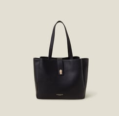 a black and white bag with a gold buckle