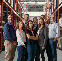 a group of people standing in a warehouse
