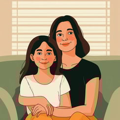 Custom AI-generated vector-style illustration of mother and daughter, hand-finished in Lili’s signat