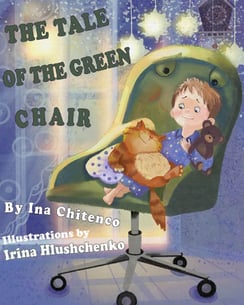 Book cover with a boy holding a teddy bear, sitting on a green chair with a red cat.