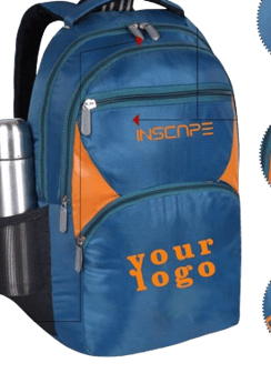 school bag with orange and blue color combination and multiple compartments