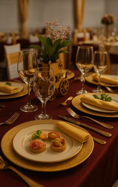 Detalle de mesa elegante con platos dorados, copas de cristal y mini canapés en Magic Party, Quito