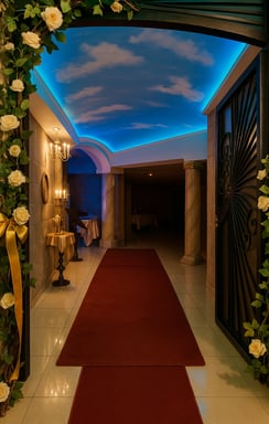 Pasillo elegante de Magic Party con techo iluminado tipo cielo, alfombra roja y decoración floral.
