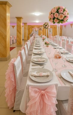 Decoración en tonos rosados con moños en las sillas, arreglos florales altos y ambiente romántico pa