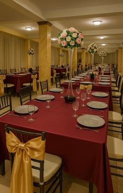 Montaje de mesas con manteles burdeos, sillas con lazos dorados y centro de mesa floral en salón de