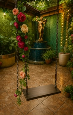 Columpio decorativo con flores frente a fuente y estatua dorada en área verde de Magic Party.