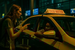 Frustrated female traveler arguing with taxi driver at Bangkok airport over fare, highlighting issue