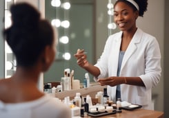 a woman in a white shirt is getting her skin consultation