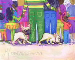 Illustrations from Bruno & Frida Go To Mardi Gras by New Orleans artist Melissa Vandiver.