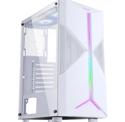 a white computer case with a rainbow colored light
