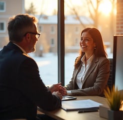 Asesora de seguros con cliente en oficina, oportunidades de trabajo Infoseguros LLC