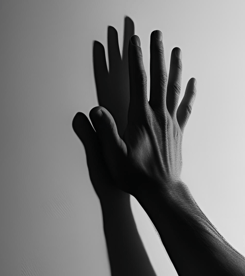 a man's hand pressed against the wall casting a shadow in black & white photo for LVF shadow work
