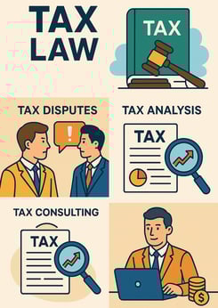Illustration representing tax law services. The top section reads 'Tax Law' and features a law book