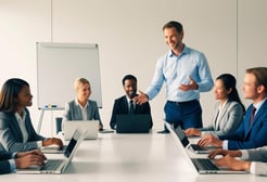 An AI image of a person giving a presentation to fellow team members on Geospatial Intelligence projects.