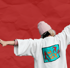 a woman with her back to us, arms outstretched. she's on a red background.