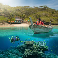 a man and woman snorg a boat in the ocean
