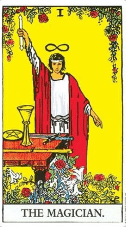 carta de tarô mostra o Mago diante de mesa com pentáculo, cálice, espada e emoldurado por flores