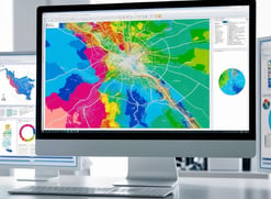 A map on a center monitor with two panels beside it, showing data.