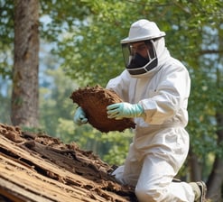 technicien qui détruit un nid de frelons sur un toit