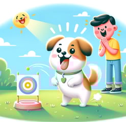 a dog is standing in the grass with a man in the background