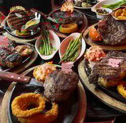 a table with plates of food and a knife and fork